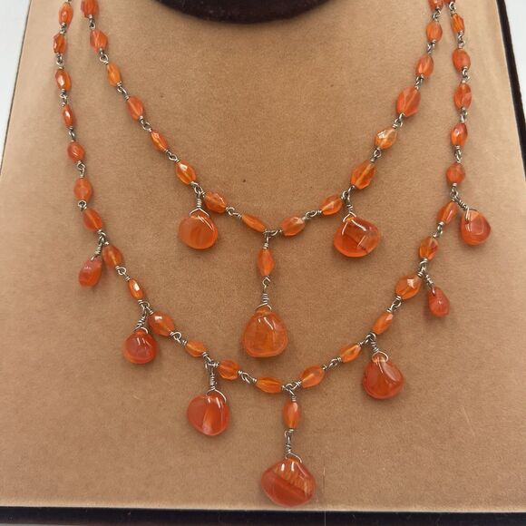 Vintage Genuine Carnelian Necklace Tested Sterling Silver Marked CV 925 Luxury - Picture 1 of 9